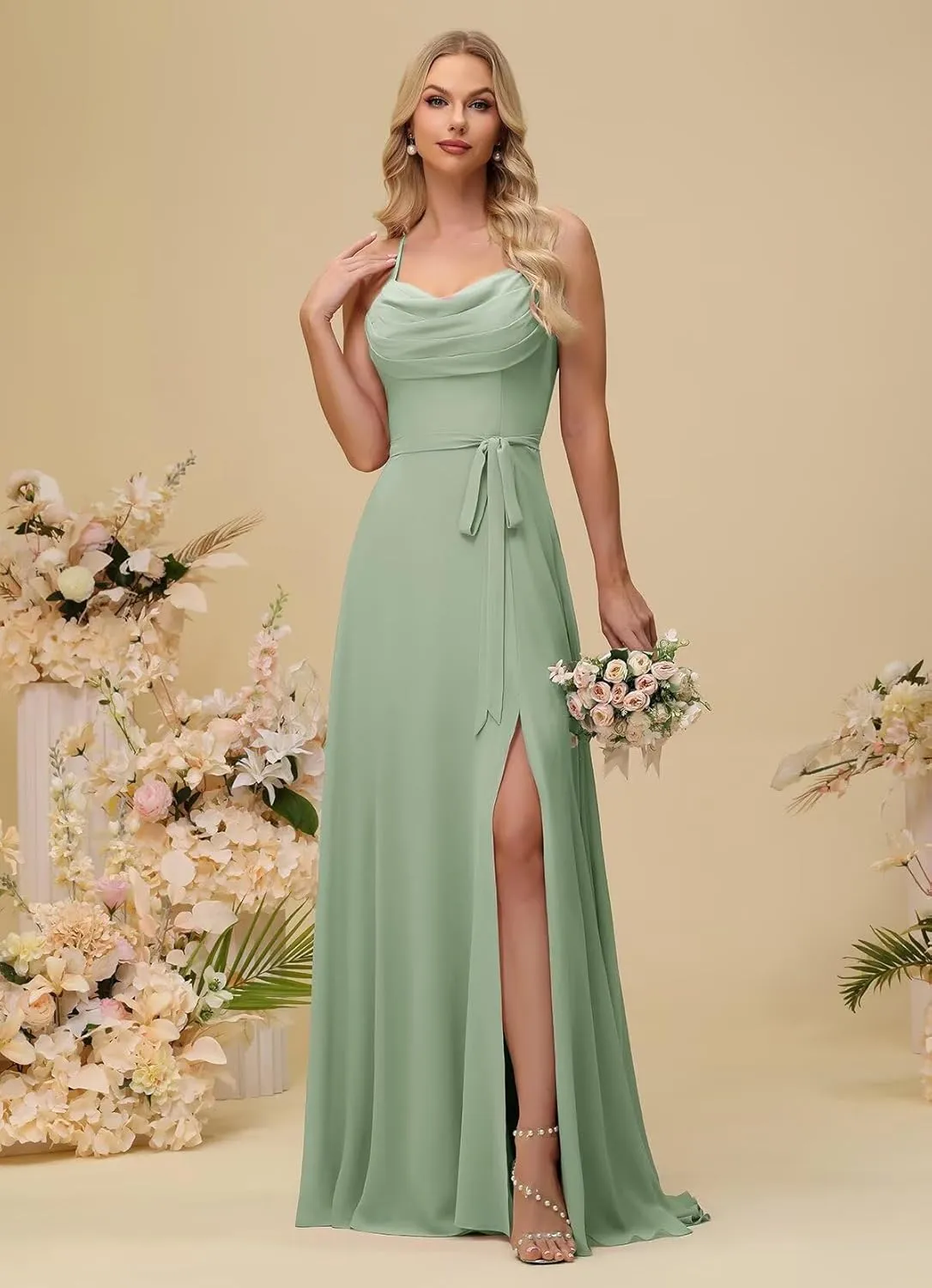 Wchecalino Cowl Neck Bridesmaid Dresses for Women A Line Chiffon Ruched Long Formal Evening Dress with Slit