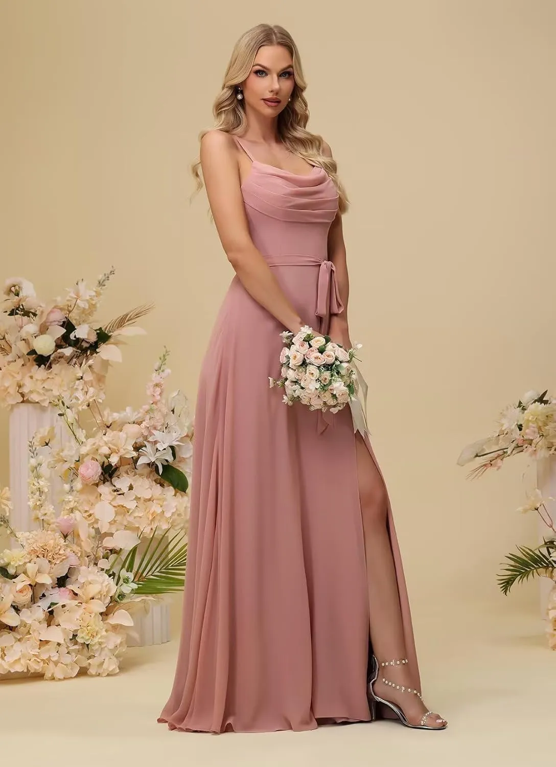 Wchecalino Cowl Neck Bridesmaid Dresses for Women A Line Chiffon Ruched Long Formal Evening Dress with Slit