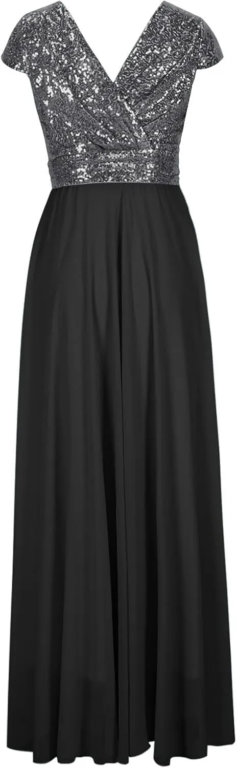 Wedding Guest Dresses for Women Glitter Sequin Long Formal Evening Gown V Neck Cap Sleeve High Waist Chiffon Maxi Dress