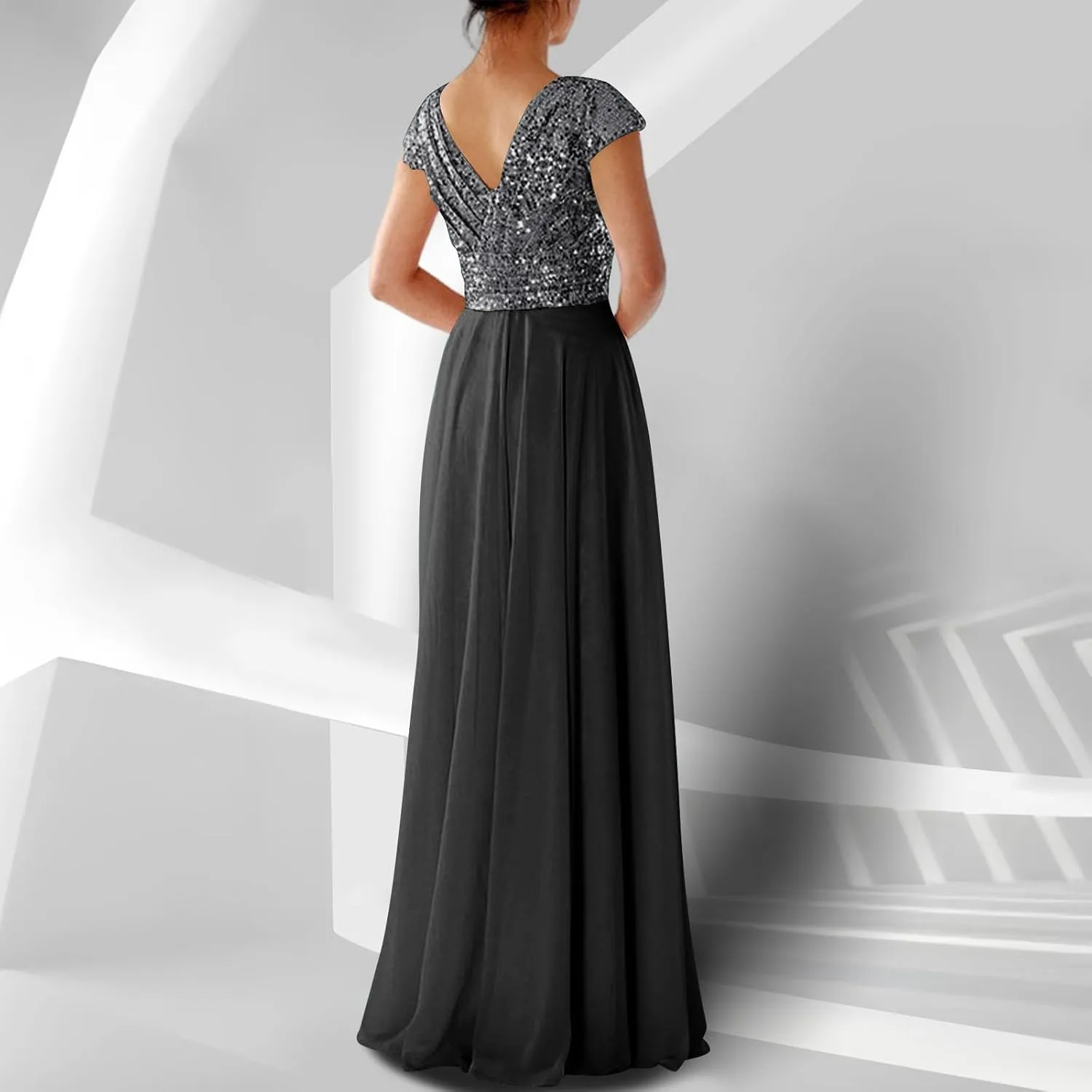 Wedding Guest Dresses for Women Glitter Sequin Long Formal Evening Gown V Neck Cap Sleeve High Waist Chiffon Maxi Dress