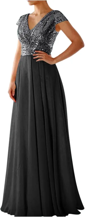 Wedding Guest Dresses for Women Glitter Sequin Long Formal Evening Gown V Neck Cap Sleeve High Waist Chiffon Maxi Dress