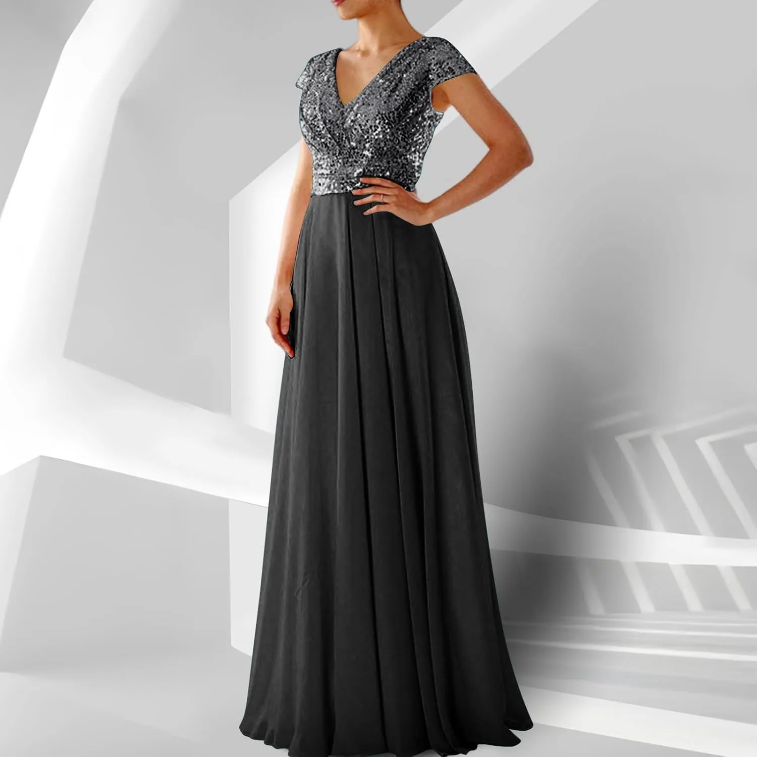 Wedding Guest Dresses for Women Glitter Sequin Long Formal Evening Gown V Neck Cap Sleeve High Waist Chiffon Maxi Dress