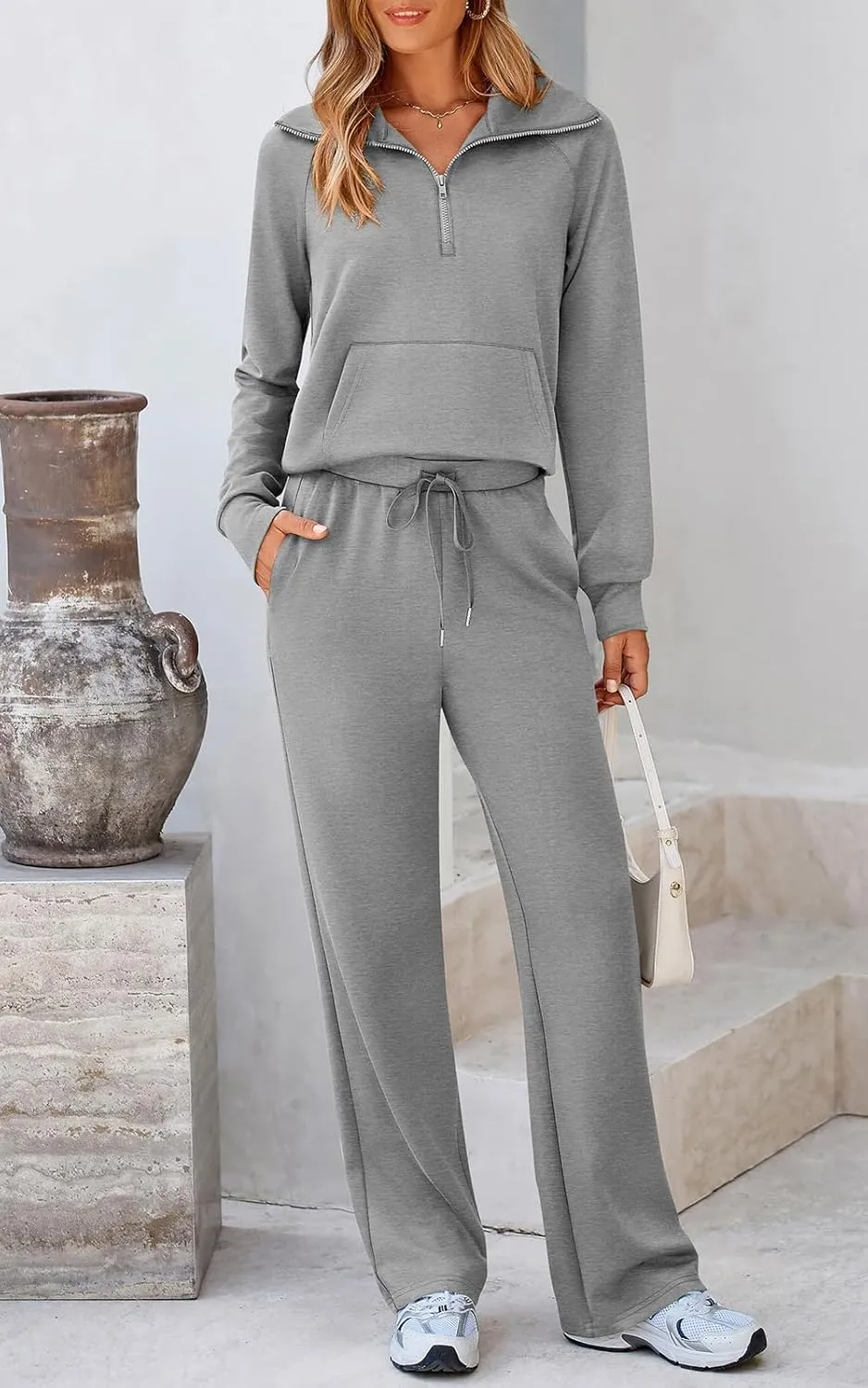 Women 2 Piece Half Zip Sweatsuit Fall Outfits 2024 Casual Sweatshirt Wide Leg Sweatpants Matching Lounge Set Tracksuit