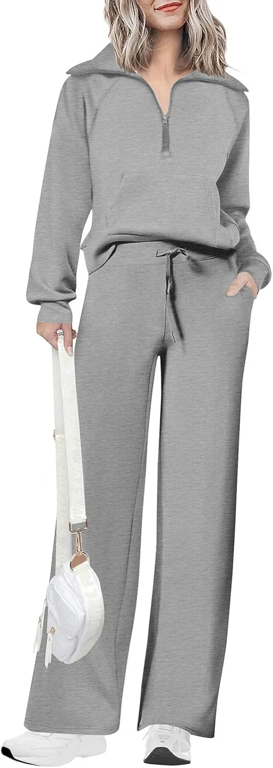 Women 2 Piece Half Zip Sweatsuit Fall Outfits 2024 Casual Sweatshirt Wide Leg Sweatpants Matching Lounge Set Tracksuit