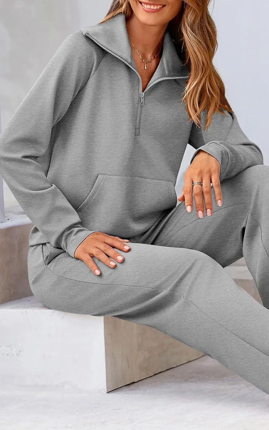 Women 2 Piece Half Zip Sweatsuit Fall Outfits 2024 Casual Sweatshirt Wide Leg Sweatpants Matching Lounge Set Tracksuit