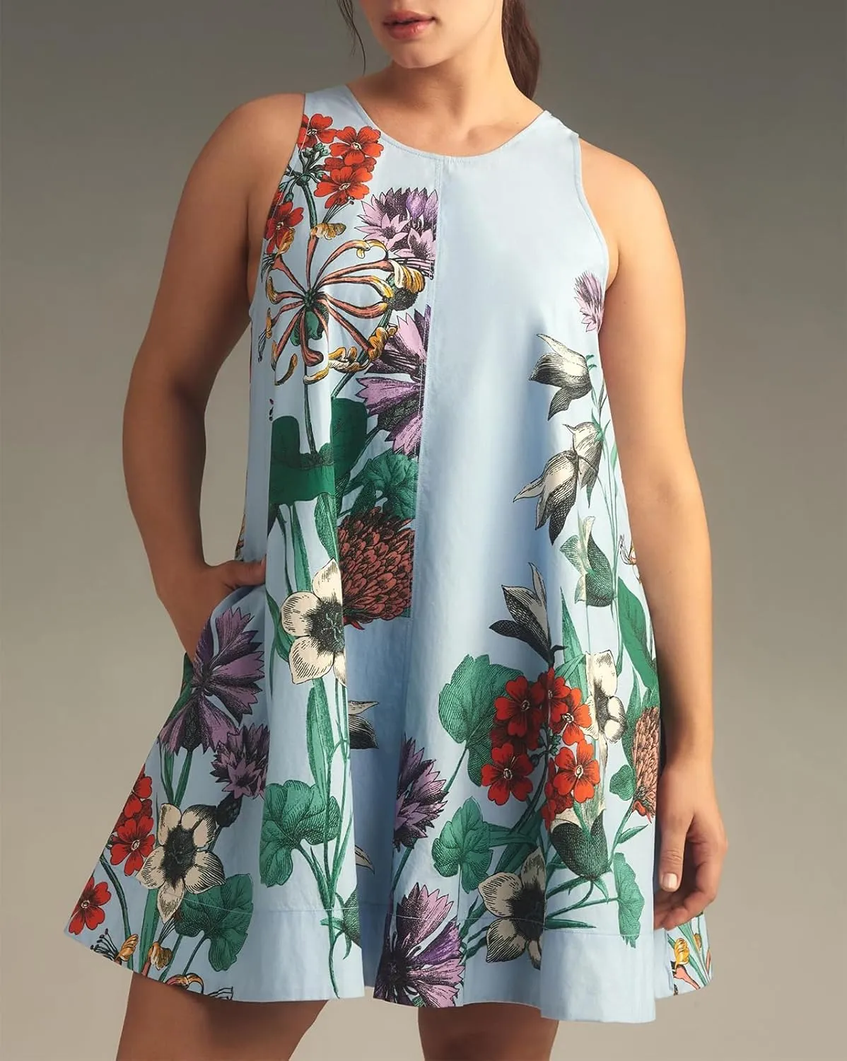 Women Sleeveless Tank Dress Y2k Floral Summer Dresses Back Zipper Linen Mini Dress Backless Beach Sundress