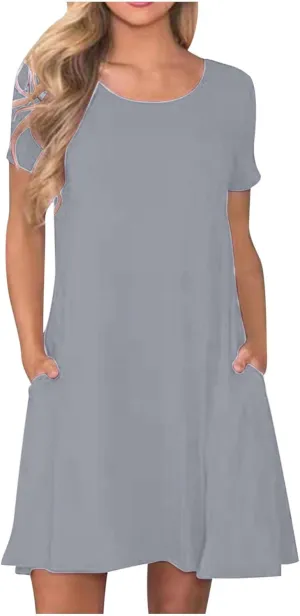 Women Summer Dresses Short Sleeve Casual Round Neck Beach Dress Fashion Solid Color Vacation Loose Pleated Sundress
