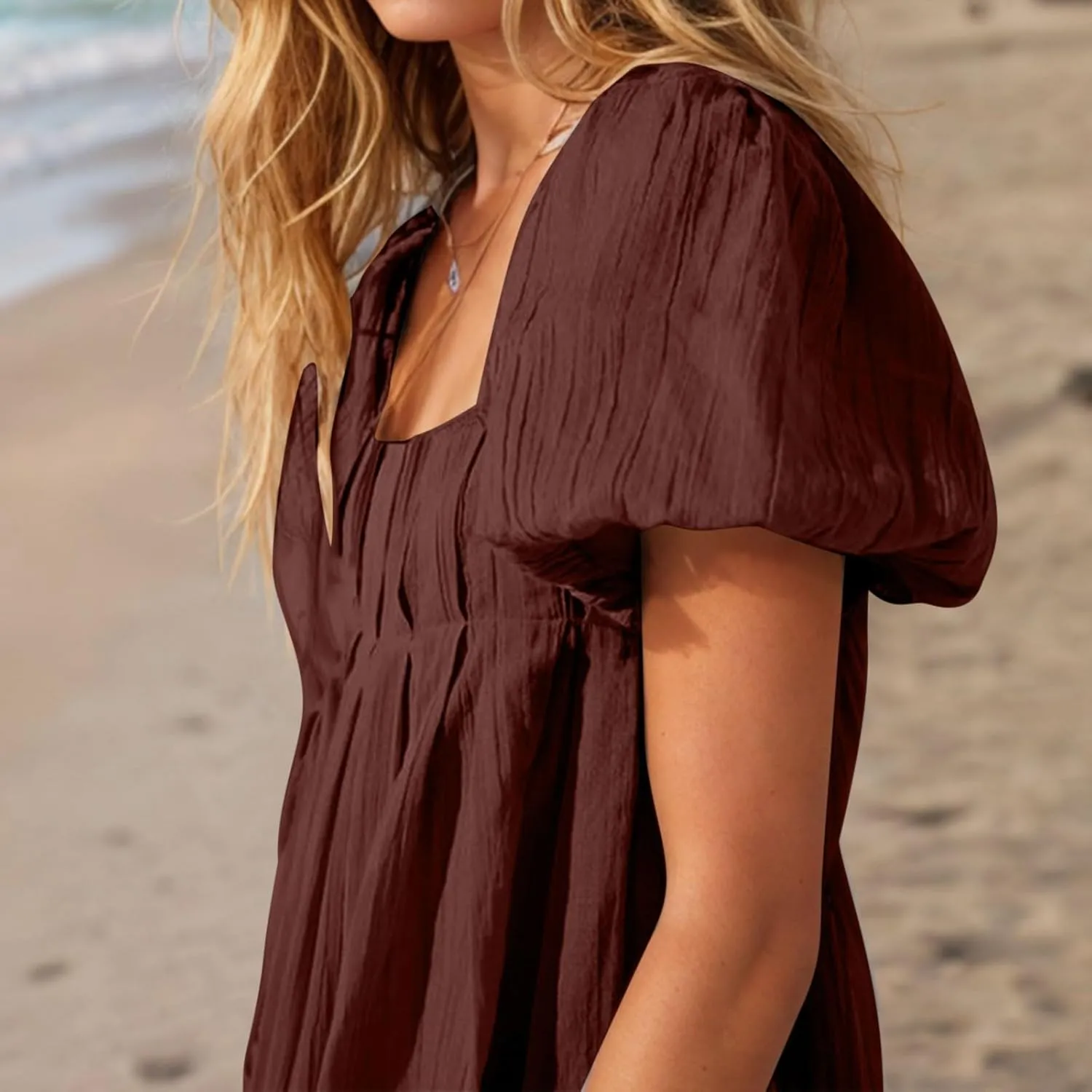 Women Summer Tunic Dress Square Neck Lantern Short Sleeve Tie Backless Pleated Ruffle A-Line Party Mini Short Dress