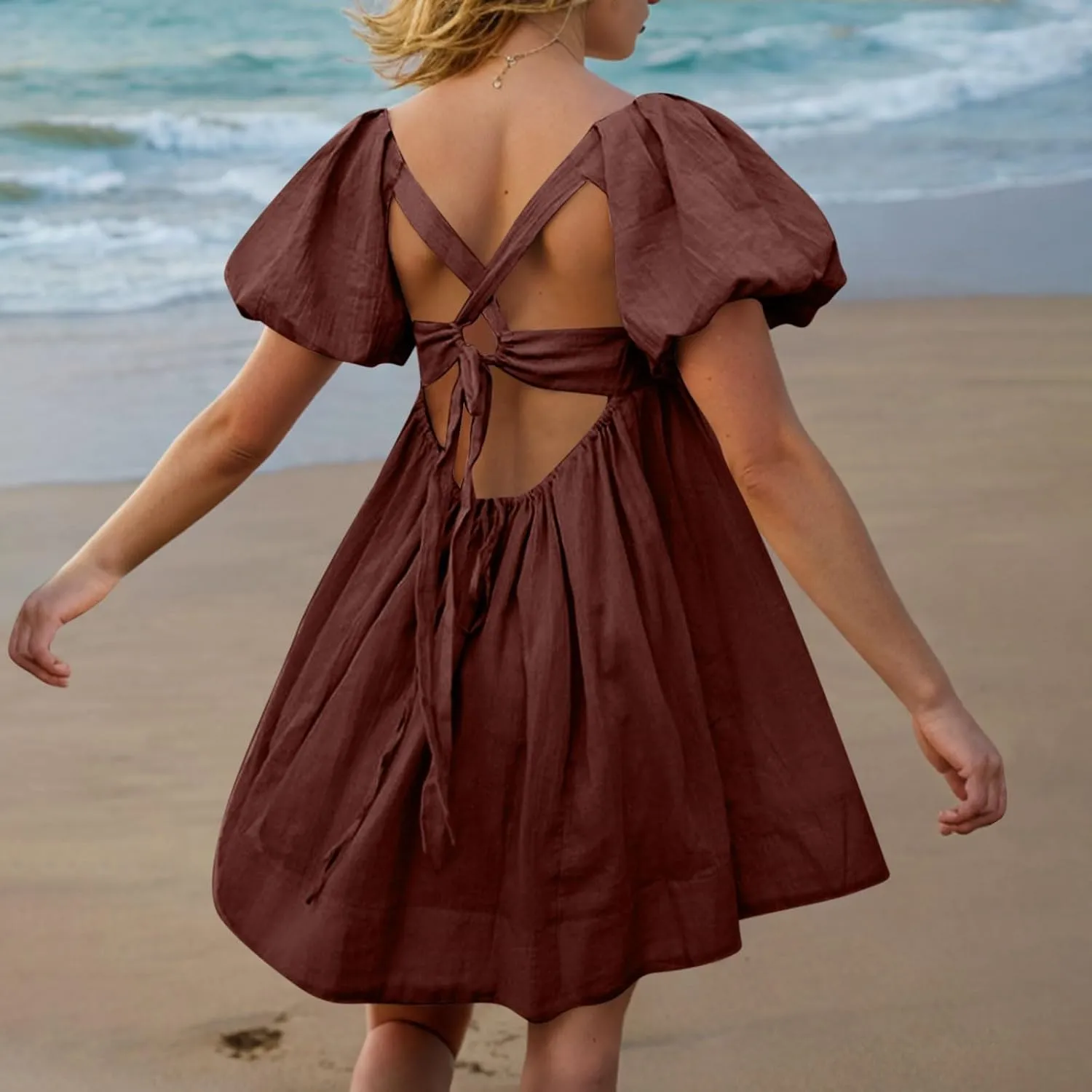 Women Summer Tunic Dress Square Neck Lantern Short Sleeve Tie Backless Pleated Ruffle A-Line Party Mini Short Dress