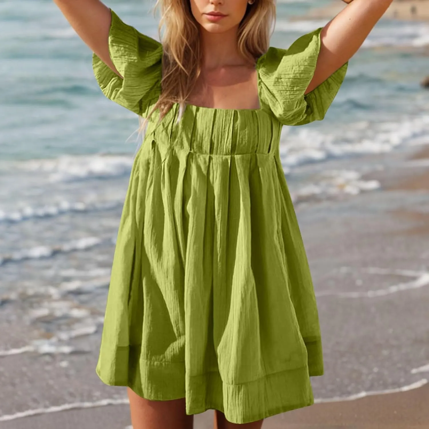 Women Summer Tunic Dress Square Neck Lantern Short Sleeve Tie Backless Pleated Ruffle A-Line Party Mini Short Dress