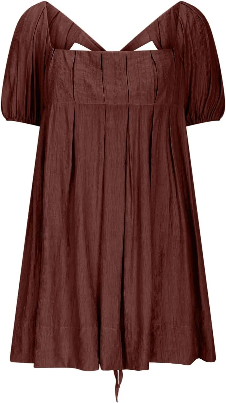 Women Summer Tunic Dress Square Neck Lantern Short Sleeve Tie Backless Pleated Ruffle A-Line Party Mini Short Dress
