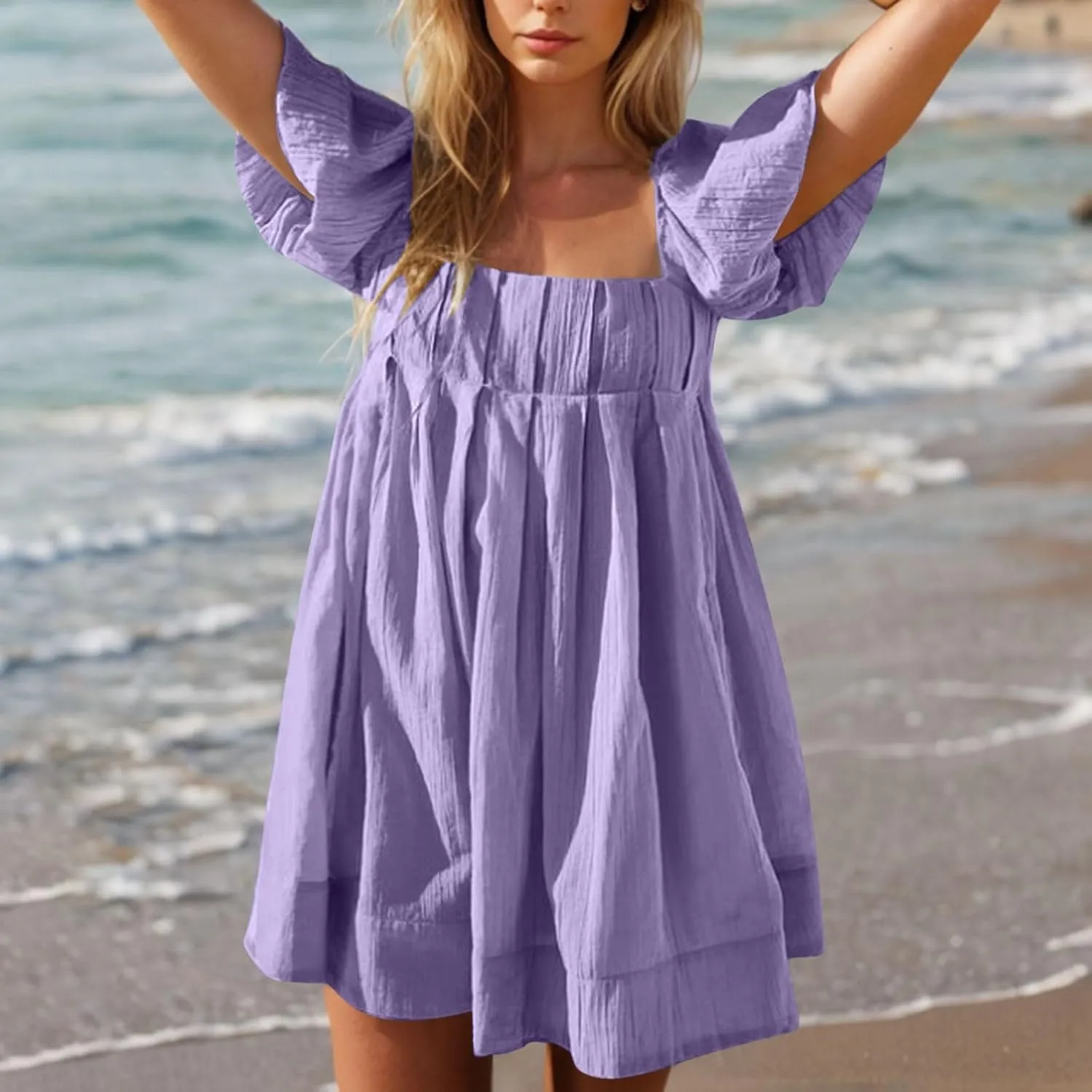 Women Summer Tunic Dress Square Neck Lantern Short Sleeve Tie Backless Pleated Ruffle A-Line Party Mini Short Dress