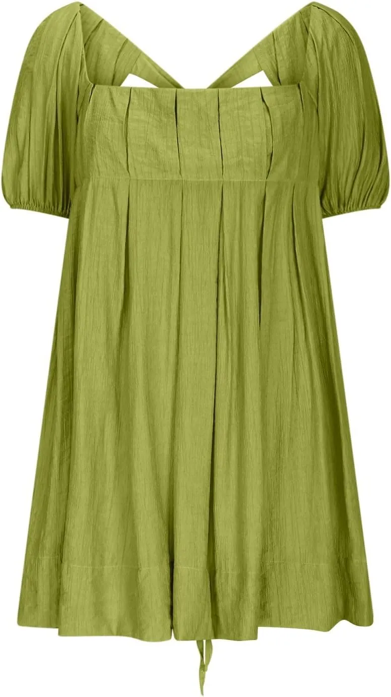 Women Summer Tunic Dress Square Neck Lantern Short Sleeve Tie Backless Pleated Ruffle A-Line Party Mini Short Dress