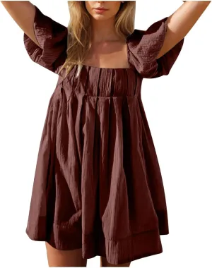 Women Summer Tunic Dress Square Neck Lantern Short Sleeve Tie Backless Pleated Ruffle A-Line Party Mini Short Dress