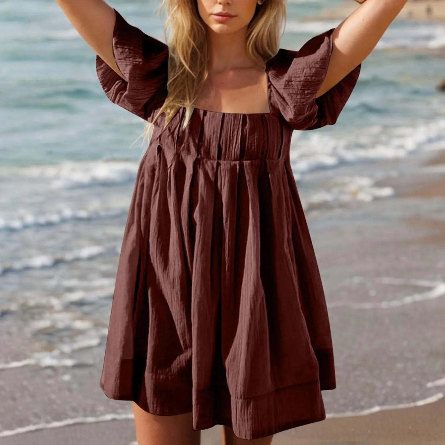 Women Summer Tunic Dress Square Neck Lantern Short Sleeve Tie Backless Pleated Ruffle A-Line Party Mini Short Dress