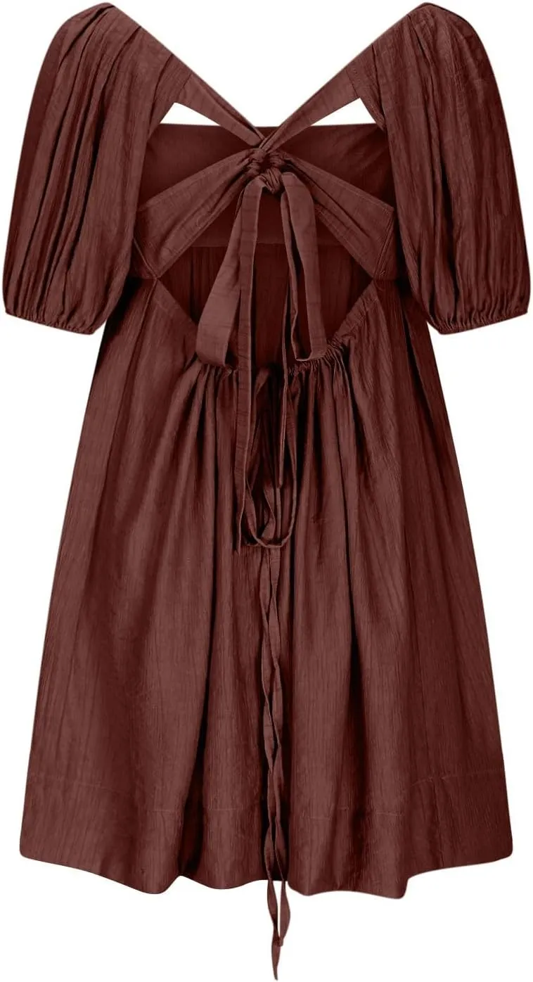 Women Summer Tunic Dress Square Neck Lantern Short Sleeve Tie Backless Pleated Ruffle A-Line Party Mini Short Dress