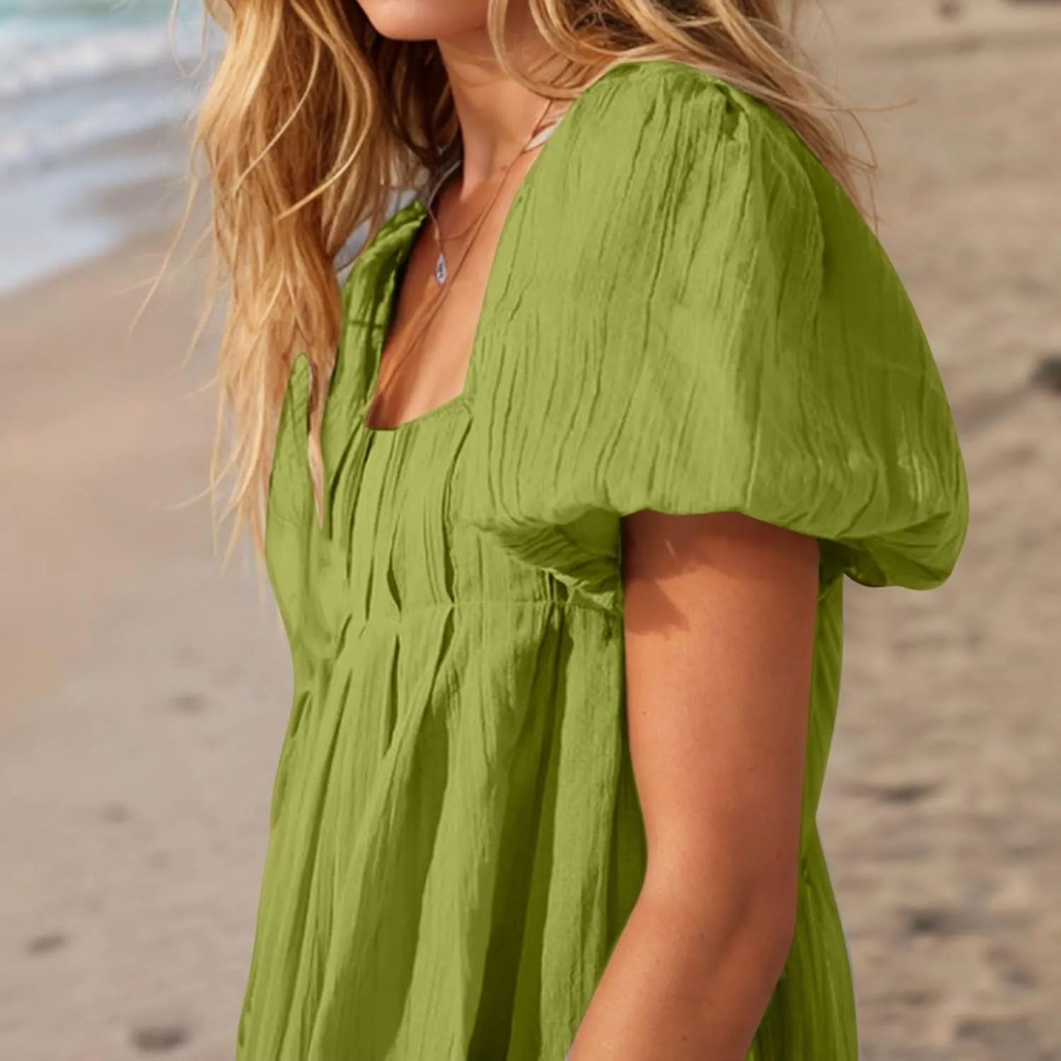 Women Summer Tunic Dress Square Neck Lantern Short Sleeve Tie Backless Pleated Ruffle A-Line Party Mini Short Dress