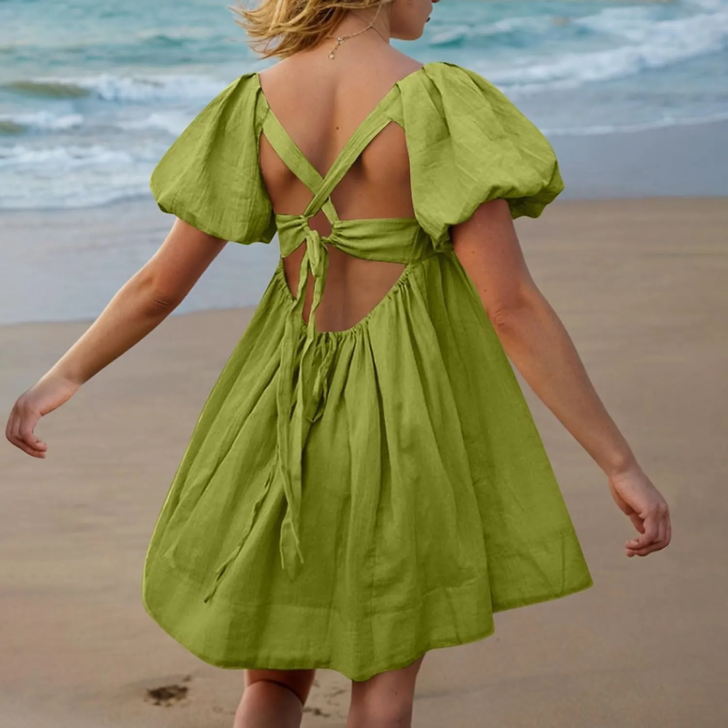 Women Summer Tunic Dress Square Neck Lantern Short Sleeve Tie Backless Pleated Ruffle A-Line Party Mini Short Dress