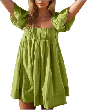 Women Summer Tunic Dress Square Neck Lantern Short Sleeve Tie Backless Pleated Ruffle A-Line Party Mini Short Dress
