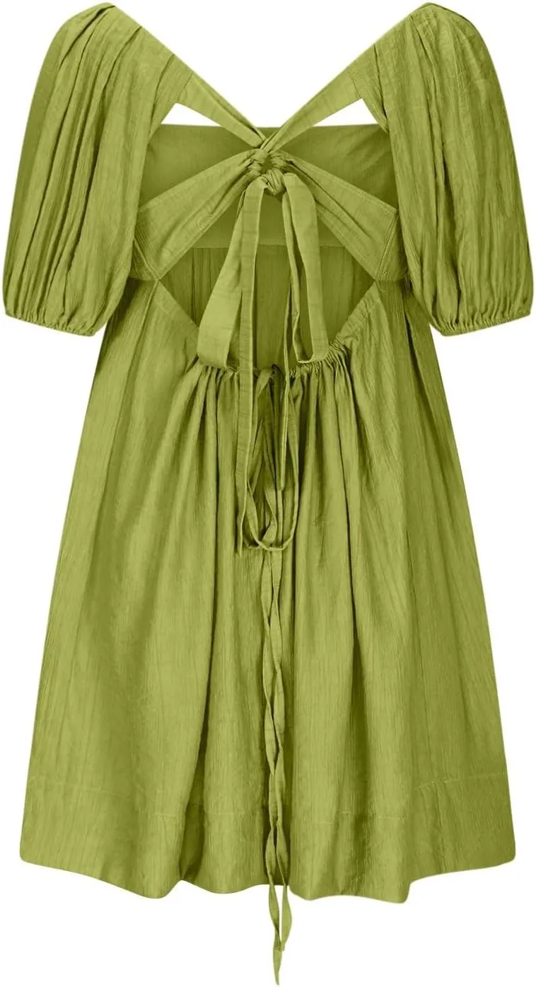 Women Summer Tunic Dress Square Neck Lantern Short Sleeve Tie Backless Pleated Ruffle A-Line Party Mini Short Dress