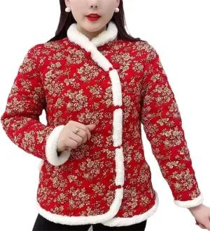 Women Vintage Floral Tang Suit Jacket Female Thin Lightweight Cotton-Padded Coat Mother Cheongsam Jacket
