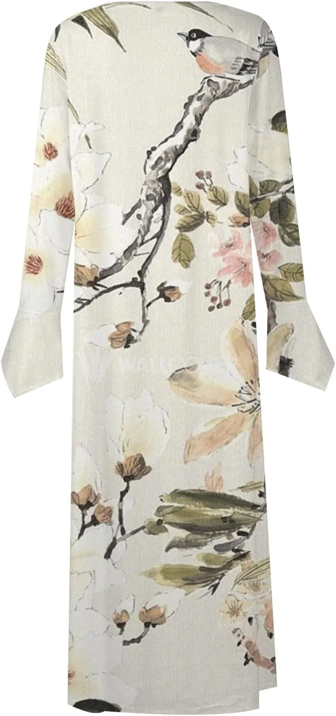 Women's 2023 Fall Plus Size Long Sleeve 1/4 Button V Neck Smocked Boho Floral Midi Dress with Pockets