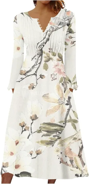 Women's 2023 Fall Plus Size Long Sleeve 1/4 Button V Neck Smocked Boho Floral Midi Dress with Pockets