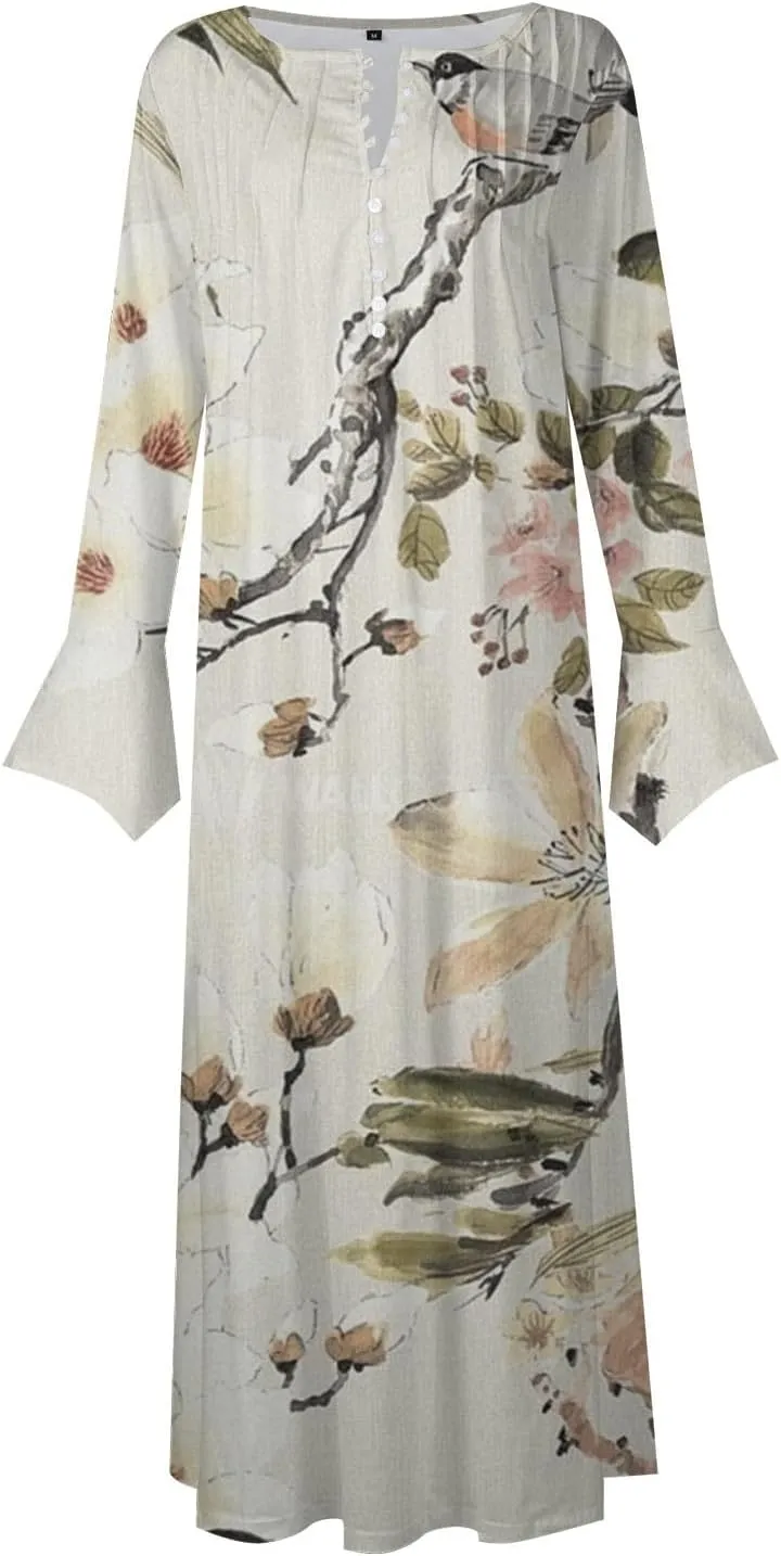 Women's 2023 Fall Plus Size Long Sleeve 1/4 Button V Neck Smocked Boho Floral Midi Dress with Pockets