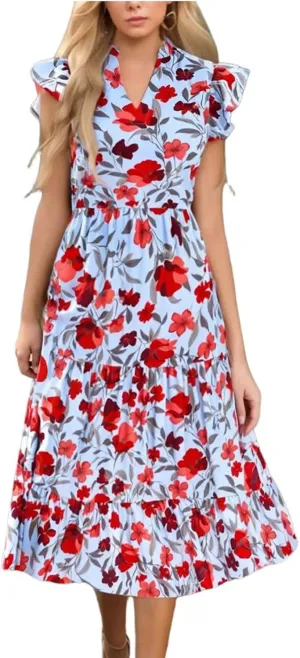 Women's 2025 Summer Floral Midi Dress Cap Sleeve V Neck Ruffle Tiered Flowy Casual Beach Vacation Boho Dresses