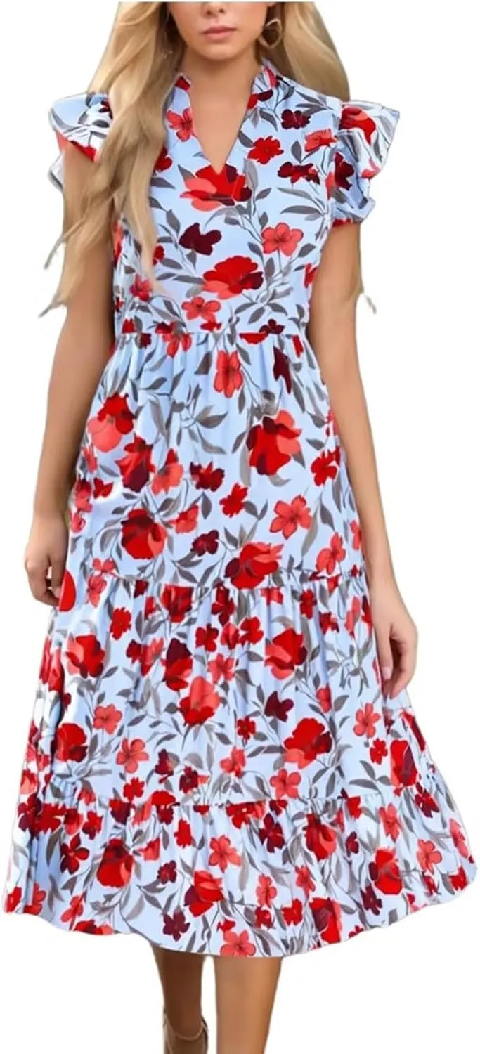 Women's 2025 Summer Floral Midi Dress Cap Sleeve V Neck Ruffle Tiered Flowy Casual Beach Vacation Boho Dresses
