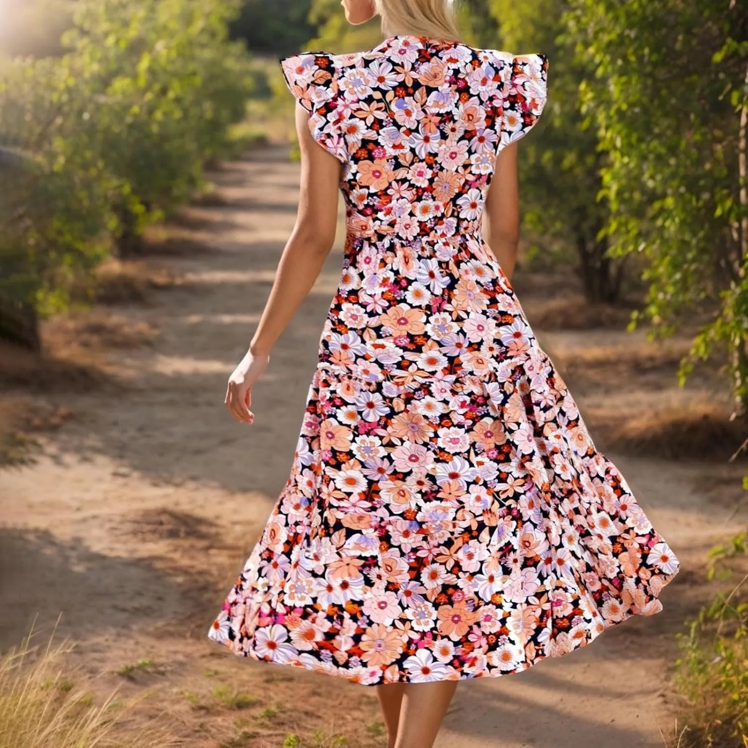 Women's 2025 Summer Floral Midi Dress Cap Sleeve V Neck Ruffle Tiered Flowy Casual Beach Vacation Boho Dresses
