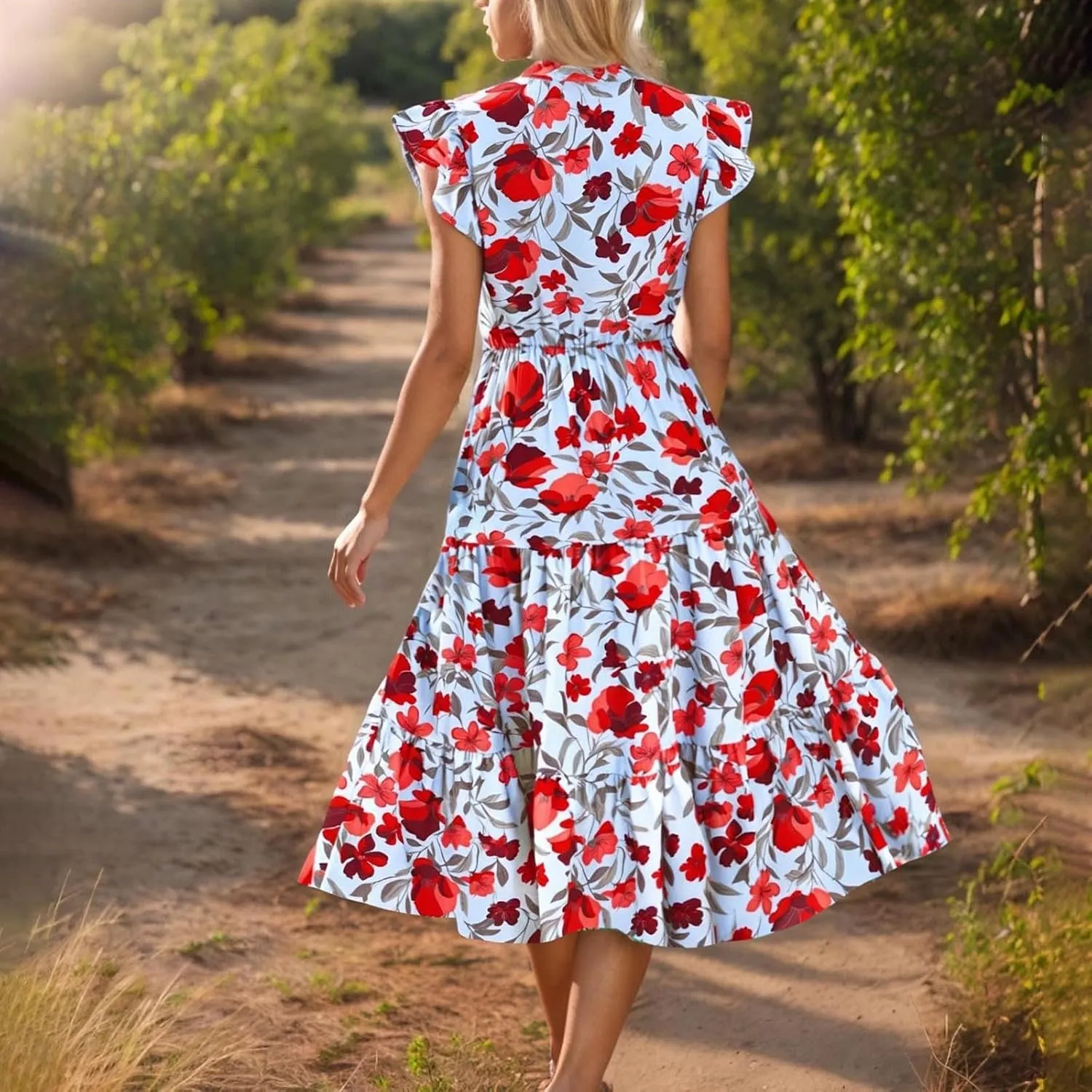 Women's 2025 Summer Floral Midi Dress Cap Sleeve V Neck Ruffle Tiered Flowy Casual Beach Vacation Boho Dresses