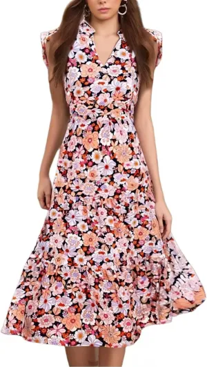 Women's 2025 Summer Floral Midi Dress Cap Sleeve V Neck Ruffle Tiered Flowy Casual Beach Vacation Boho Dresses
