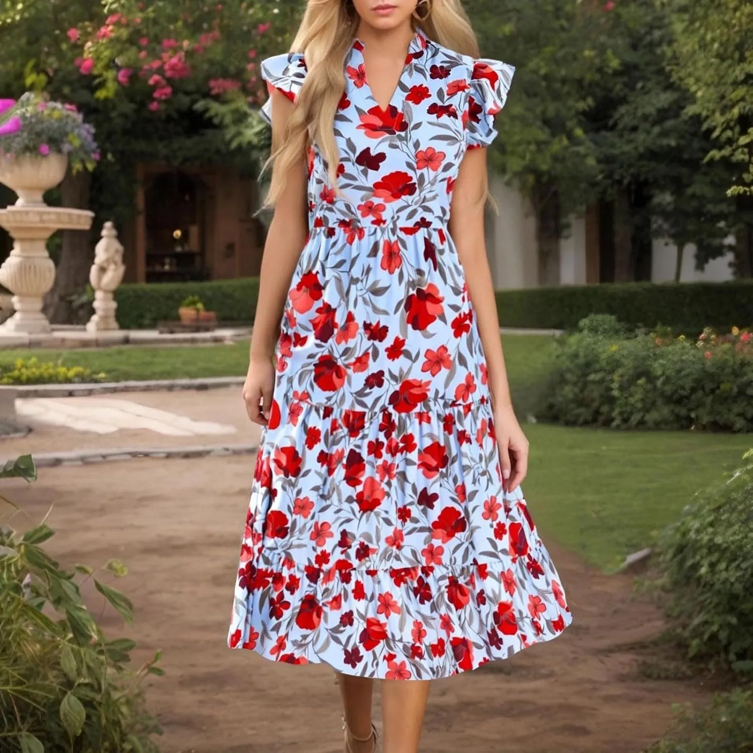 Women's 2025 Summer Floral Midi Dress Cap Sleeve V Neck Ruffle Tiered Flowy Casual Beach Vacation Boho Dresses