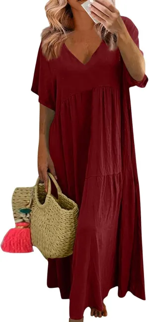 Women's Cruise Outfits 2025 Casual Trendy Loose Short Sleeve V-Neck Solid Color Flowy Maxi Dress Plus Size, S-5XL