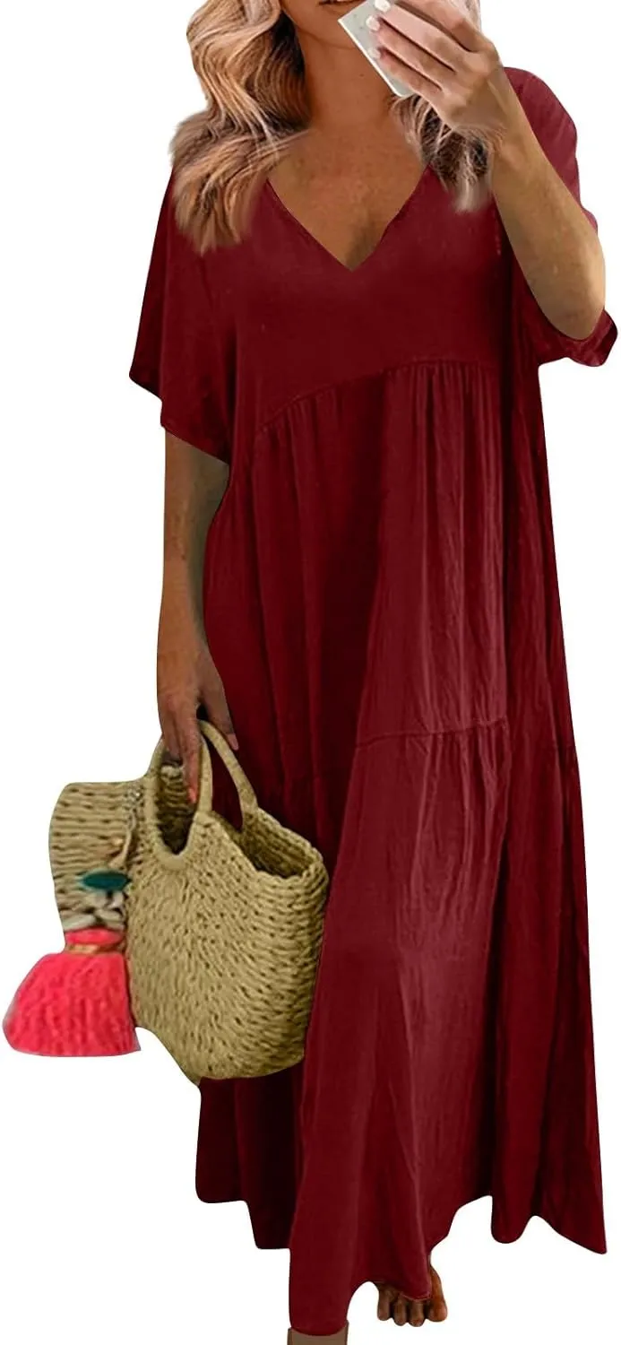 Women's Cruise Outfits 2025 Casual Trendy Loose Short Sleeve V-Neck Solid Color Flowy Maxi Dress Plus Size, S-5XL