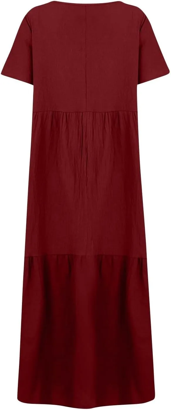 Women's Cruise Outfits 2025 Casual Trendy Loose Short Sleeve V-Neck Solid Color Flowy Maxi Dress Plus Size, S-5XL