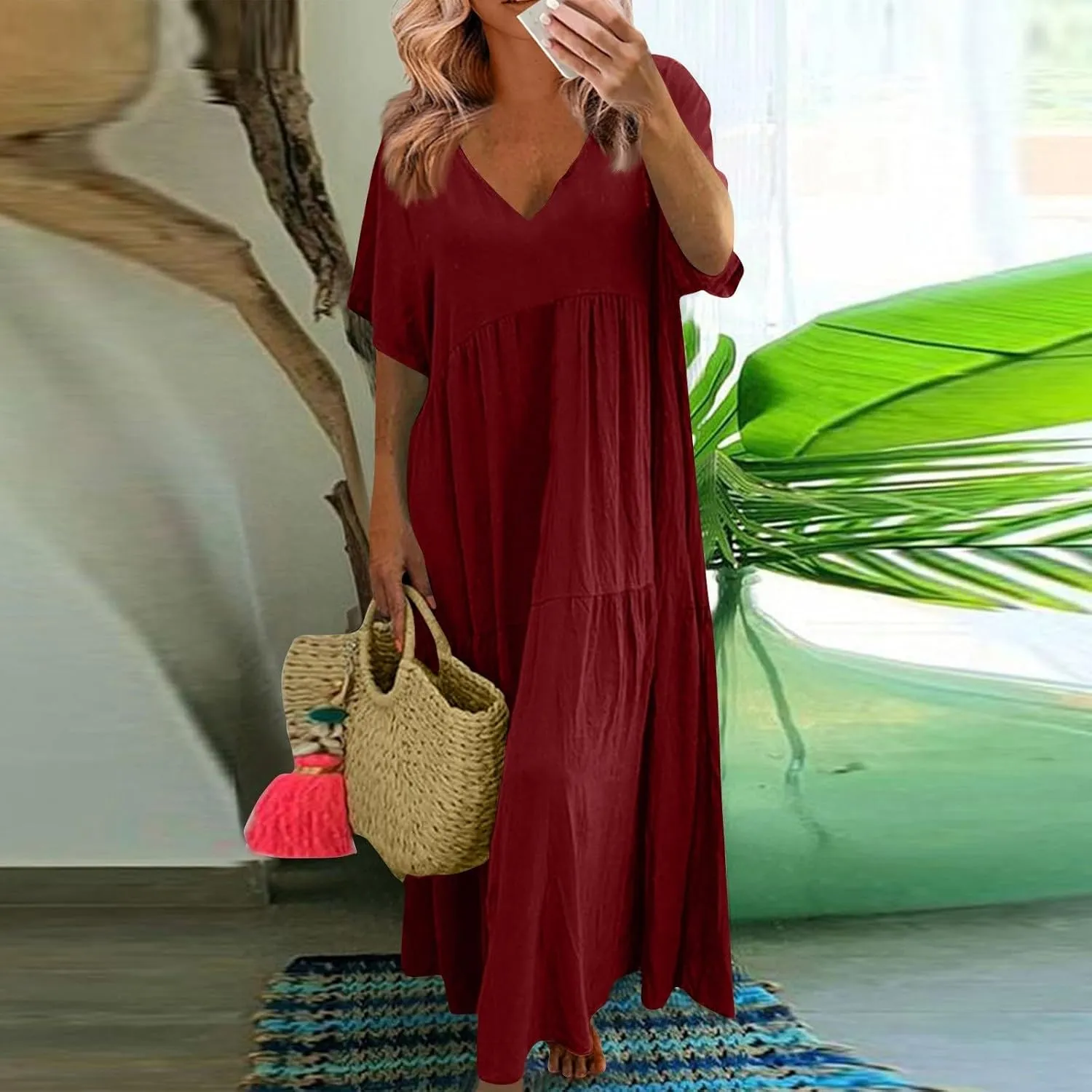 Women's Cruise Outfits 2025 Casual Trendy Loose Short Sleeve V-Neck Solid Color Flowy Maxi Dress Plus Size, S-5XL