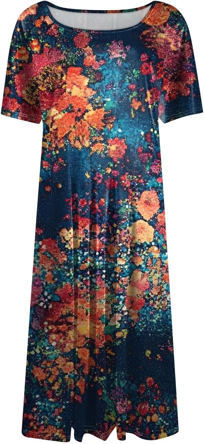 Womens Dresses 2025 Summer Crewneck Short Sleeve A Line Dress Side Pockets Empire Waist Midi Sun Dress Vacation