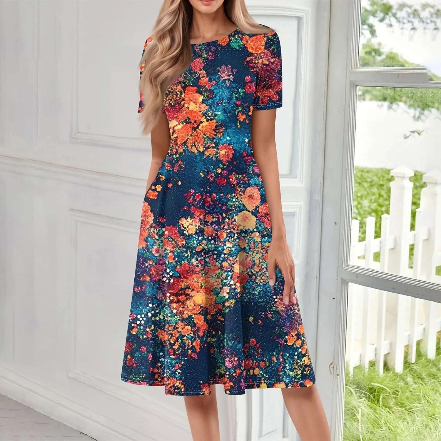 Womens Dresses 2025 Summer Crewneck Short Sleeve A Line Dress Side Pockets Empire Waist Midi Sun Dress Vacation