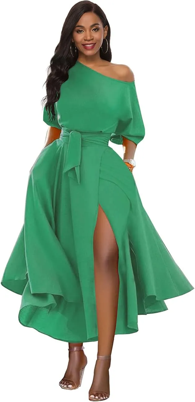 Womens Elegant Off Shoulder Short Sleeve Belted Side Slit Cocktail Party Swing Dress with Pockets