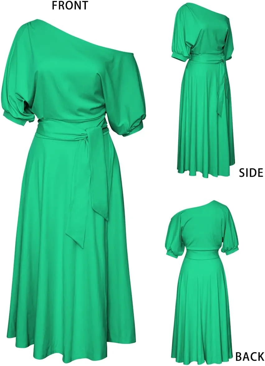 Womens Elegant Off Shoulder Short Sleeve Belted Side Slit Cocktail Party Swing Dress with Pockets