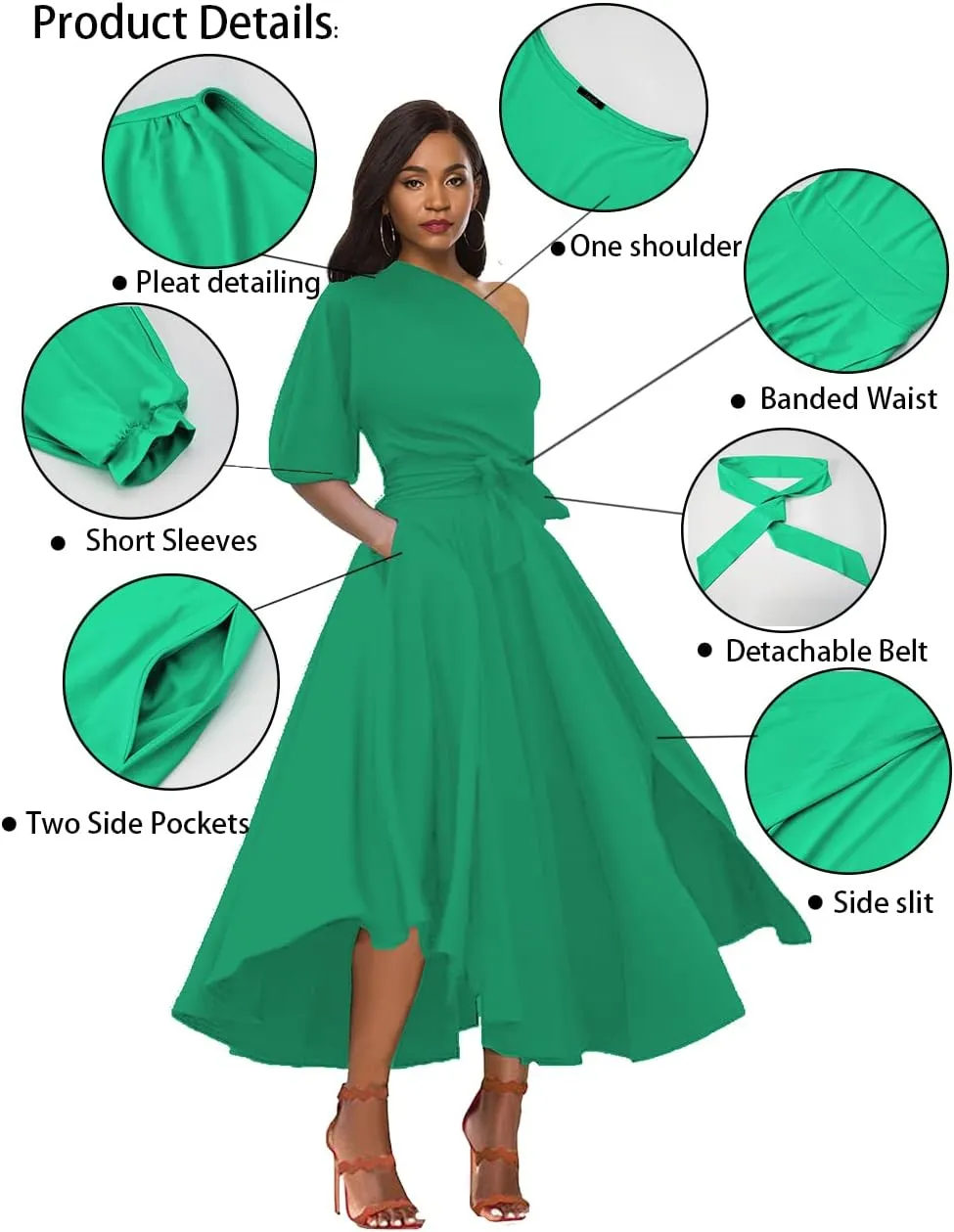 Womens Elegant Off Shoulder Short Sleeve Belted Side Slit Cocktail Party Swing Dress with Pockets