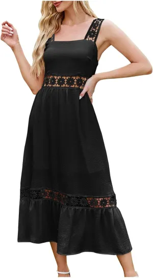 Women's Floral Hollow Out Zip Back Cami Dress High Waist Tiered Midi Dress Summer Sleeveless Flowy Casual Sundress