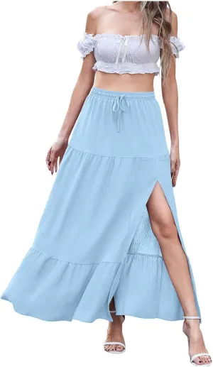 Women's Flowy Boho Maxi Skirt Elastic High Waist A Line Pleated Tiered Summer Casual Beach Long Skirts with Pocket Side Split