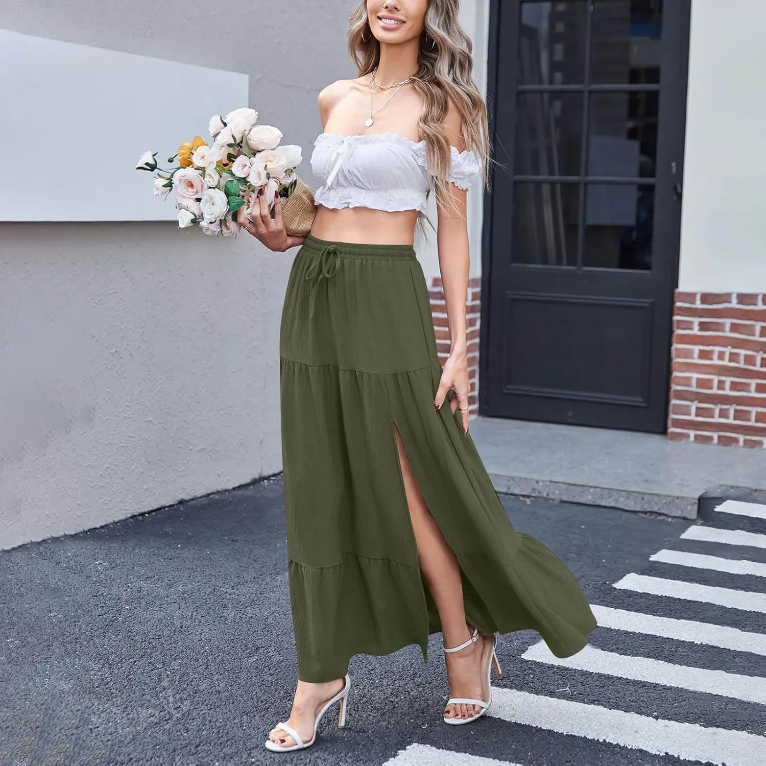 Women's Flowy Boho Maxi Skirt Elastic High Waist A Line Pleated Tiered Summer Casual Beach Long Skirts with Pocket Side Split