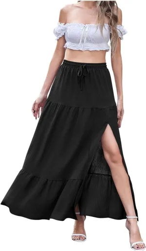 Women's Flowy Boho Maxi Skirt Elastic High Waist A Line Pleated Tiered Summer Casual Beach Long Skirts with Pocket Side Split