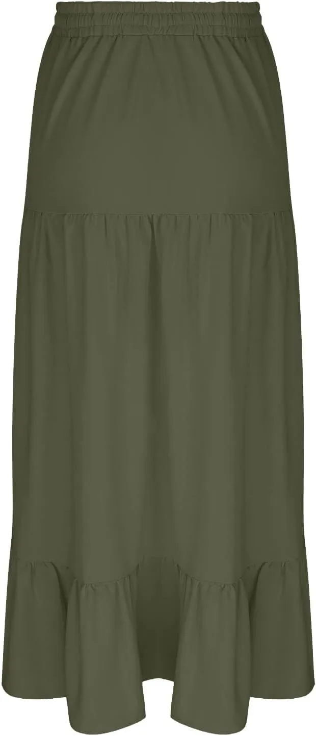 Women's Flowy Boho Maxi Skirt Elastic High Waist A Line Pleated Tiered Summer Casual Beach Long Skirts with Pocket Side Split