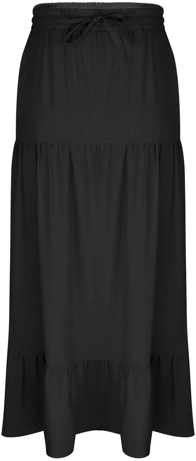 Women's Flowy Boho Maxi Skirt Elastic High Waist A Line Pleated Tiered Summer Casual Beach Long Skirts with Pocket Side Split
