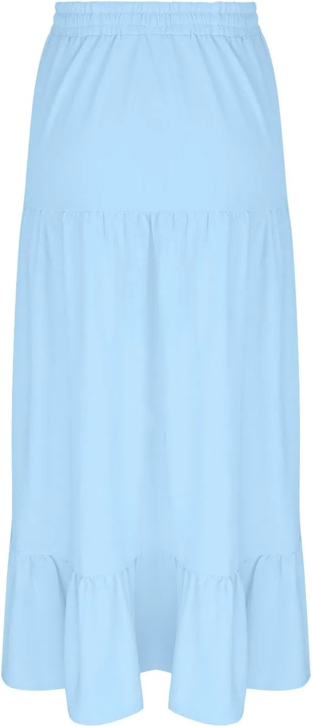 Women's Flowy Boho Maxi Skirt Elastic High Waist A Line Pleated Tiered Summer Casual Beach Long Skirts with Pocket Side Split